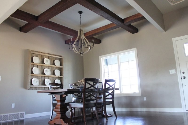 Inspiration for a mid-sized country open plan dining in Other with grey walls, dark hardwood floors and no fireplace.
