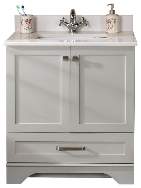 Livia Collection 30" Bath Vanity Quartz Top and Ceramic Sink, Grey, 30" - Transitional ...