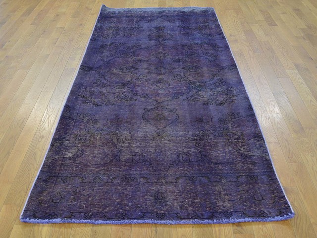 4 X9 Wide Runner Purple Worn Down Overdyed Persian Tabriz - Overdyed Persian Rug 4 X9 Wide Runner Purple Worn Down Overdyed Persian Tabriz - Overdyed Persian Rug