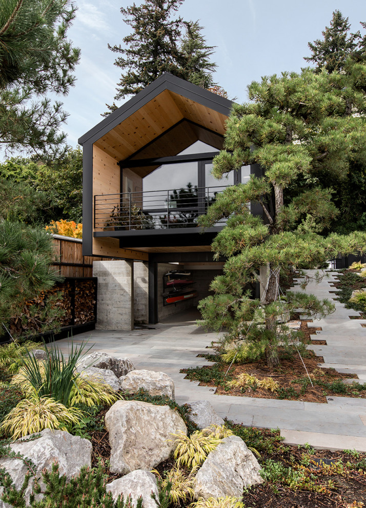 Small mountain style black two-story wood exterior home photo in Seattle with a shingle roof and a black roof