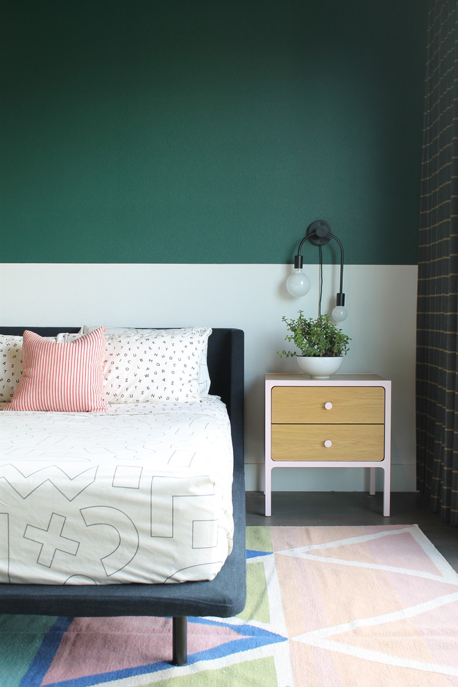 Inspiration for a scandinavian bedroom in Minneapolis with green walls and grey floor.