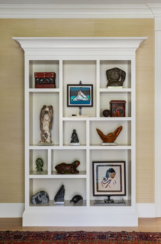 Mid-sized transitional medium tone wood floor and wallpaper hallway photo in Boston