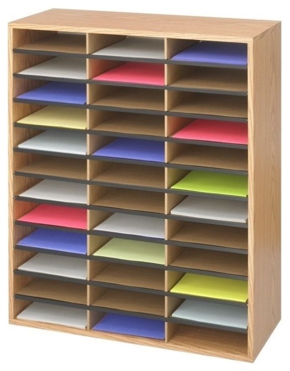 Safco Medium Oak Wood/Corrugated 36 Compartment Literature Organizer