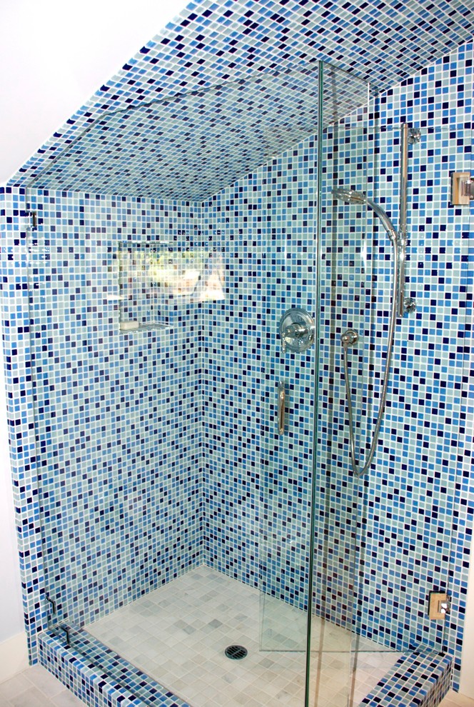 Inspiration for a small country kids bathroom in San Diego with a corner shower, blue tile, glass tile, white walls and marble floors.