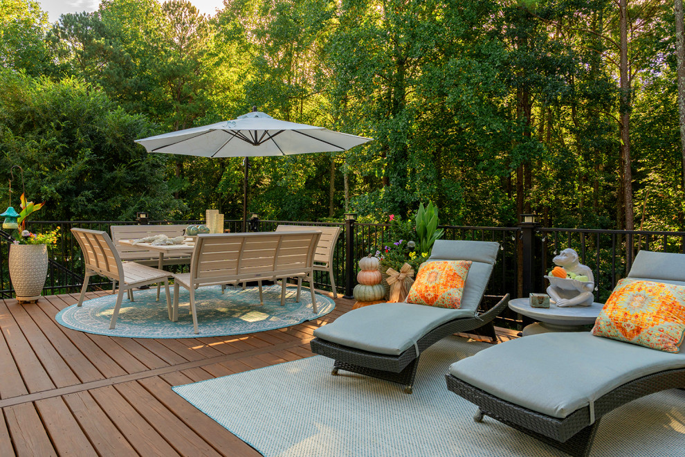 Deck - transitional backyard second story metal railing deck idea in Atlanta with a bbq area and no cover