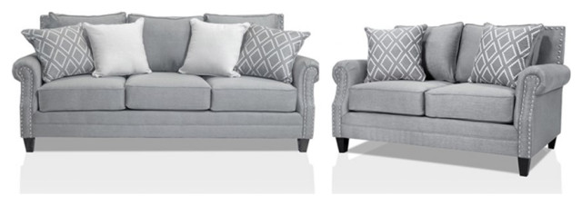 Furniture of America Hanson Fabric Nailhead Trim 2-Piece Sofa Set in Gray