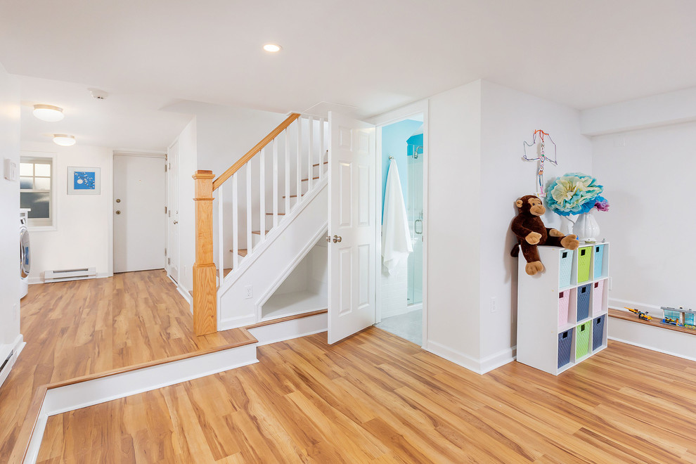 Photo of a mid-sized modern look-out basement in Philadelphia with white walls, medium hardwood floors, no fireplace and brown floor.