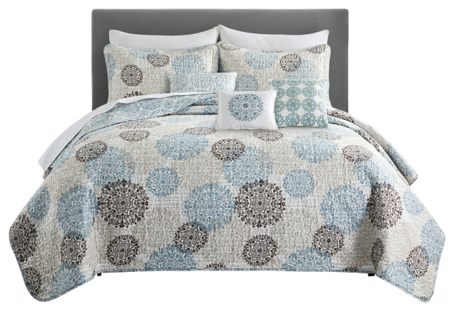 6 Piece Medallion Floral Patchwork Reversible Bedspread/Quilt with Sheet Set 