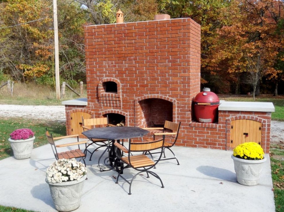 Inspiration for a mid-sized timeless backyard brick patio remodel in New York with a fire pit and no cover