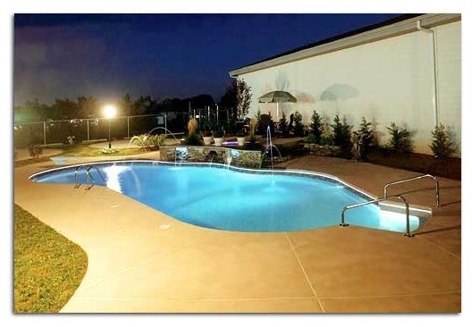 Example of a backyard stone and custom-shaped pool design