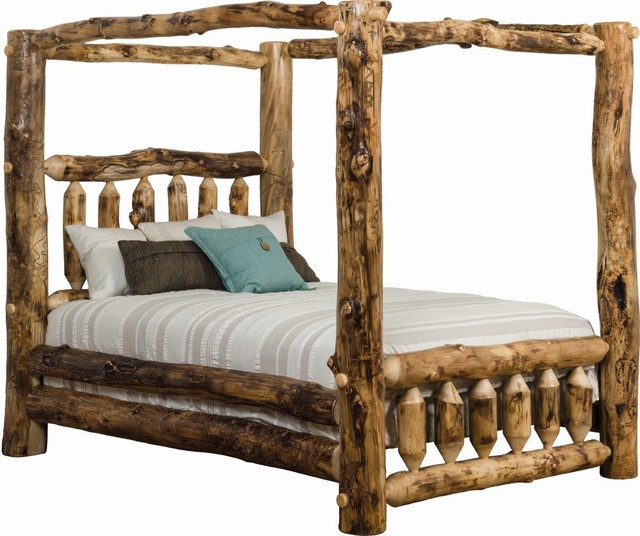 Rustic Aspen Log Canopy Bed, Wooden Log Queen Bed Frame