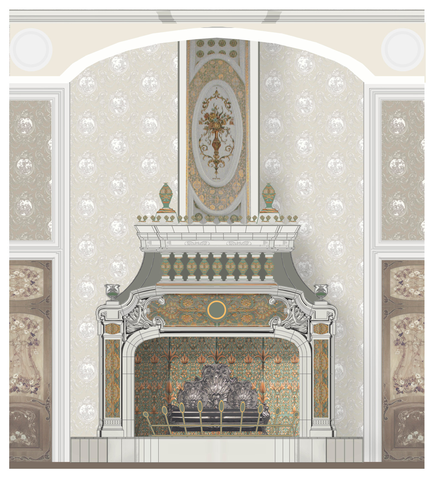 Авторский камин с облицовкой из фарфора с ручной росписью под ключ