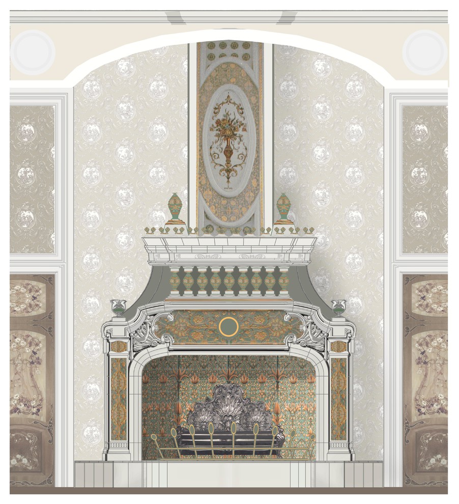 Авторский камин с облицовкой из фарфора с ручной росписью под ключ