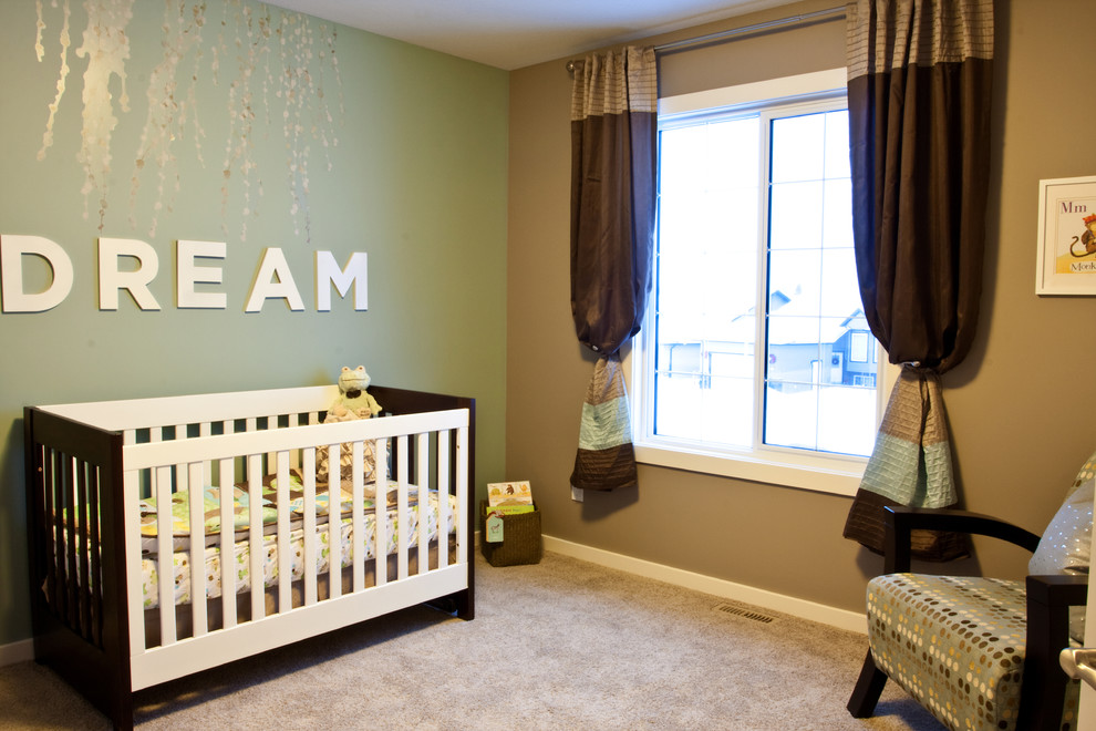 Design ideas for a mid-sized transitional nursery in Calgary with multi-coloured walls and carpet.