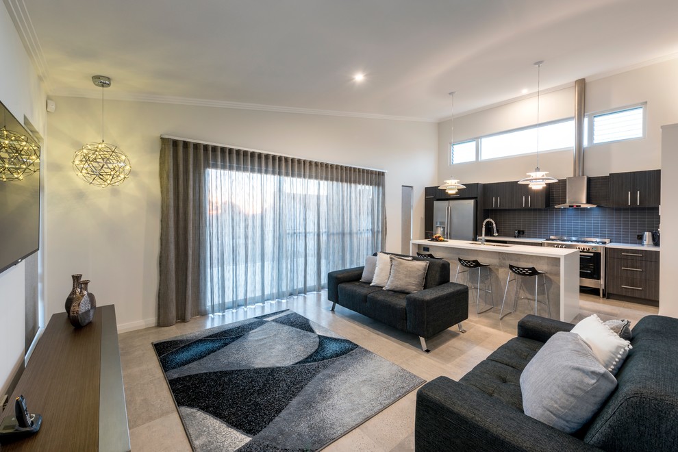 Contemporary open concept living room in Perth with white walls, ceramic floors, a wall-mounted tv and grey floor.