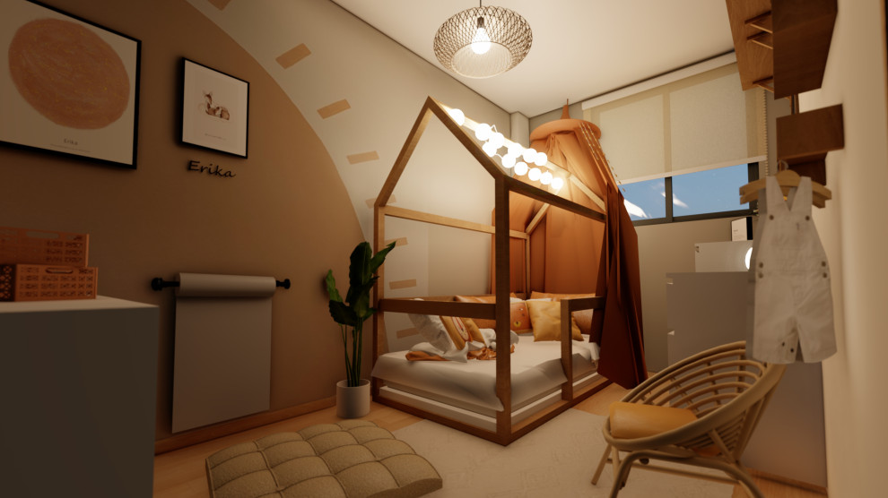 Inspiration för små medelhavsstil barnrum kombinerat med sovrum, med beige väggar och mellanmörkt trägolv