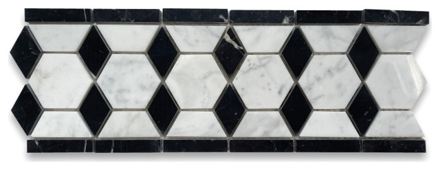 White Carrara Marble Hexagon Mosaic Border Listello Tile Polished 2", 1 sheet