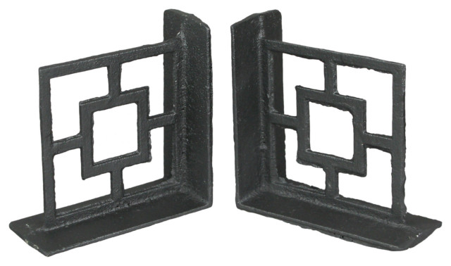Set of 2 Cast Iron Breeze Block Bookends Decorative Rustic Geometric Shelf Deco