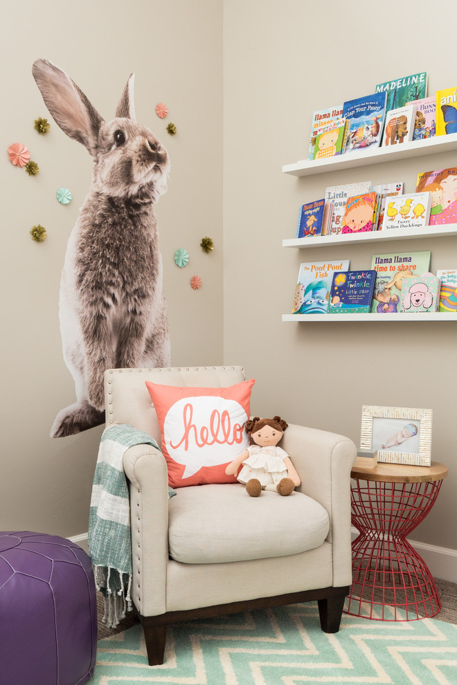 Inspiration for a mid-sized transitional kids' room for girls in Phoenix with beige walls and carpet.