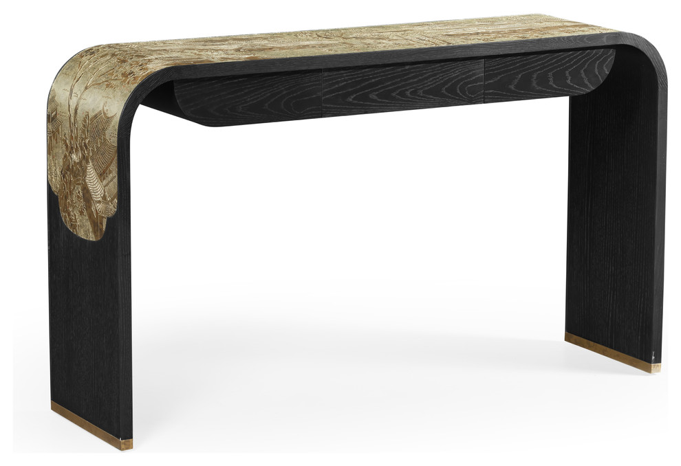 Curved Chinoiserie Style Antique Etched Brass And Ebonised Oak Console Table