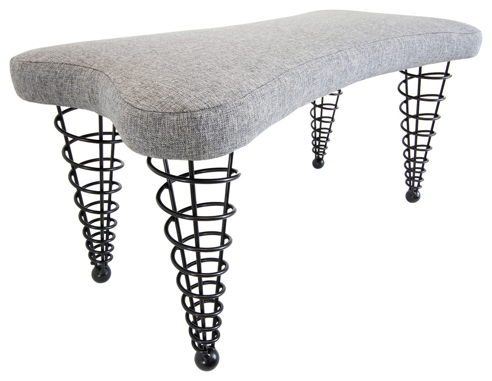 Modern Upholstered Bench from Spiral Cone Legs, Grey Tweed, 36-Inch