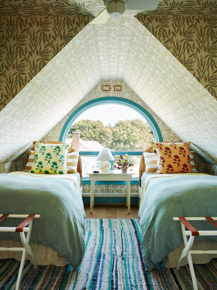 Rockport Summer House - Inspiration for a bedroom coastal light wood floor, beige floor, wallpaper ceiling and wallpaper kids' bedroom remodel in Boston with multicolored walls