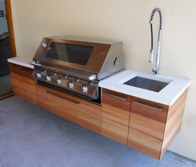 Outdoor Kitchen and Bar polished concrete top island with timber