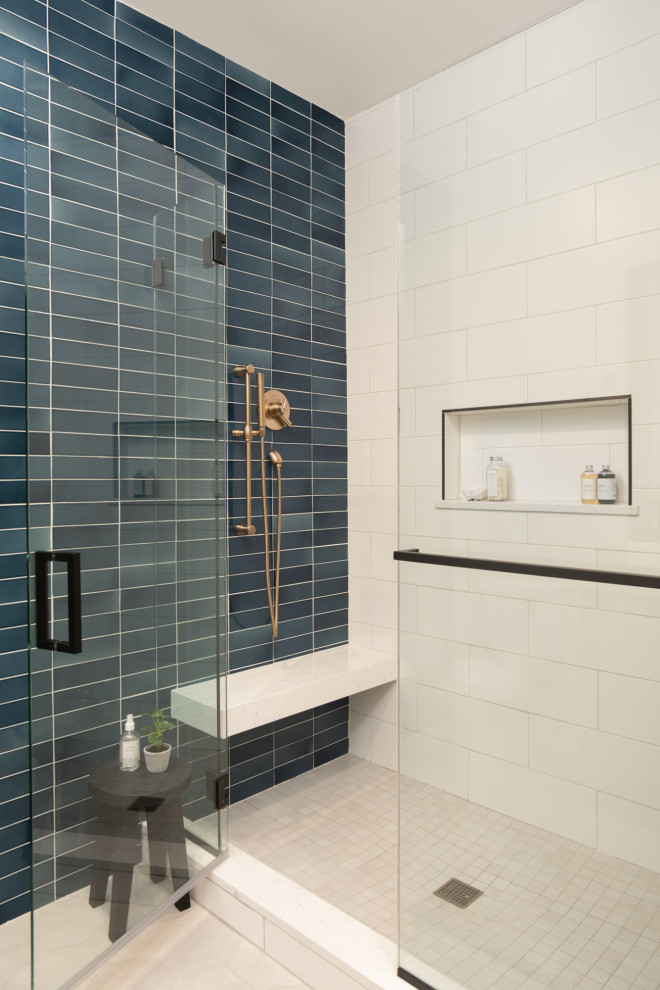 Small transitional master bathroom in Chicago with recessed-panel cabinets, medium wood cabinets, an alcove shower, a one-piece toilet, blue tile, ceramic tile, white walls, mosaic tile floors, a drop-in sink, engineered quartz benchtops, beige floor, a hinged shower door, white benchtops, a double vanity and a floating vanity.