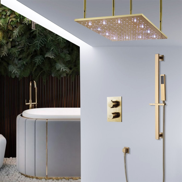 Forio 20" Brushed Gold Digital LED Mist Rainfall Shower System ...