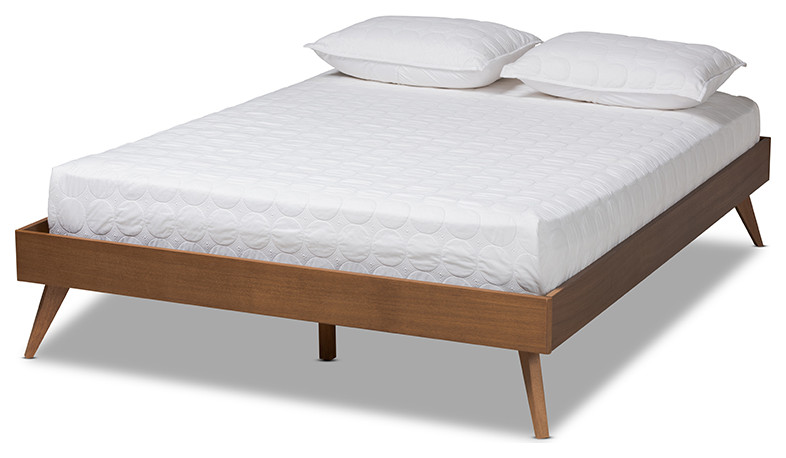 Lissette Mid Century Modern Walnut, Cannet Queen Metal Platform Bed Frame With Wooden Slats