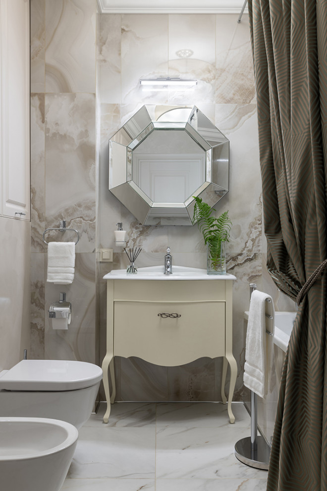 Photo of a mid-sized transitional master bathroom in Yekaterinburg with beige cabinets, a hot tub, a shower/bathtub combo, a wall-mount toilet, beige tile, porcelain tile, porcelain floors, a console sink, beige floor, a shower curtain, white benchtops and flat-panel cabinets.