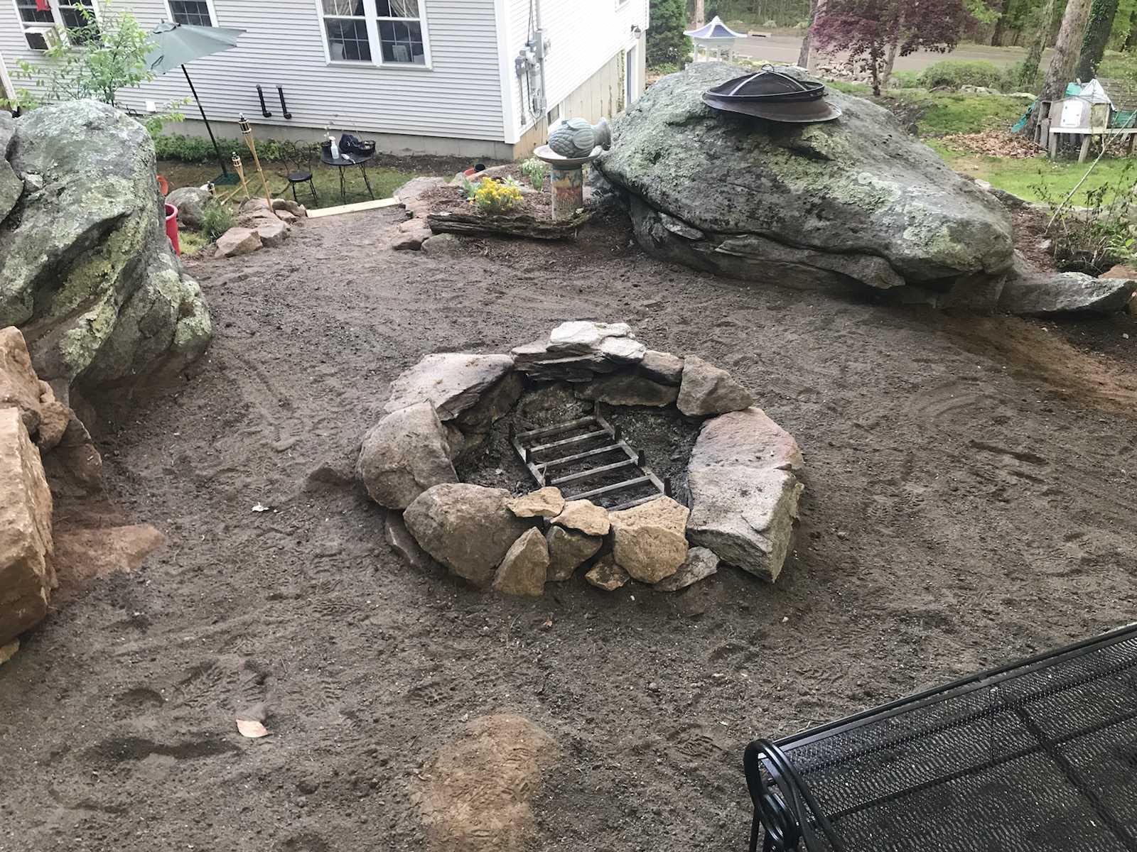 237 Chestnut Hill backyard landscaping and fire ring