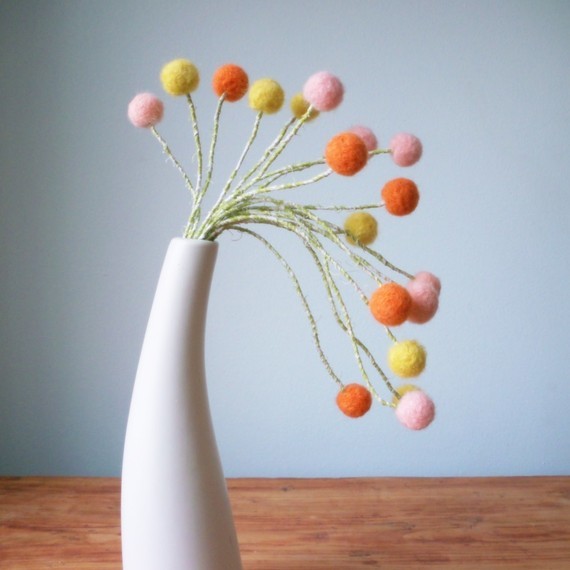 Hand-Felted Wee Pom-Pom Droopy Flowers, Orange and Pink by Berry Island