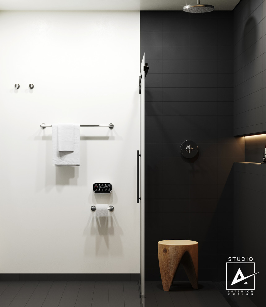 Design ideas for a small contemporary master bathroom in San Francisco with a curbless shower, a one-piece toilet, black tile, porcelain tile, white walls, porcelain floors, a pedestal sink, black floor, a sliding shower screen, a single vanity and a freestanding vanity.