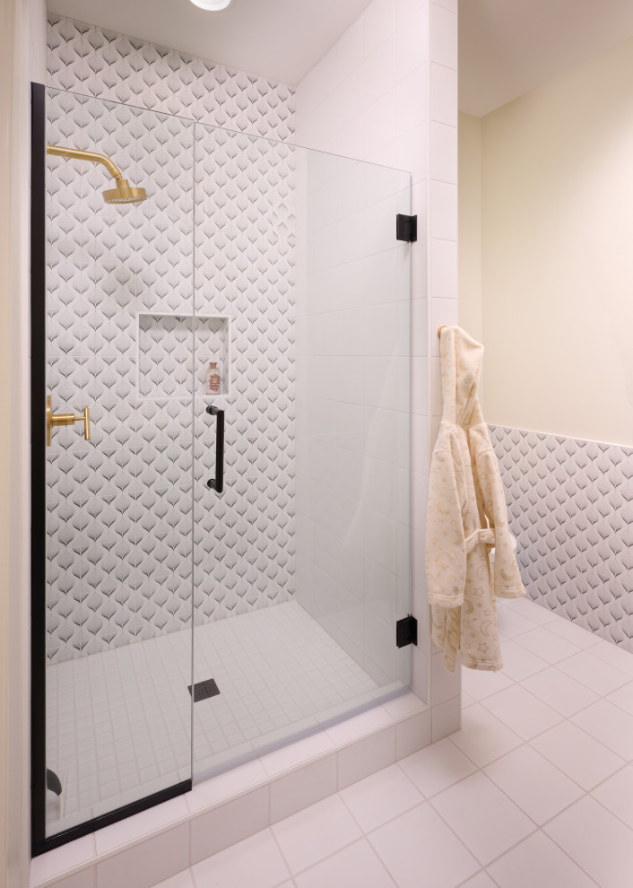 This is an example of a contemporary family bathroom in Portland with an alcove shower, porcelain flooring, white floors, a hinged door and wainscoting.