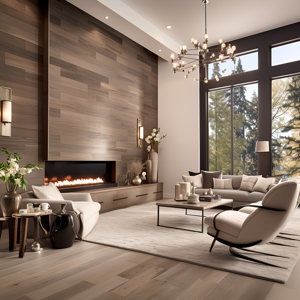 This is an example of a mid-sized modern formal open concept living room in New York with light hardwood floors, a standard fireplace, a wood fireplace surround, a wall-mounted tv and panelled walls.