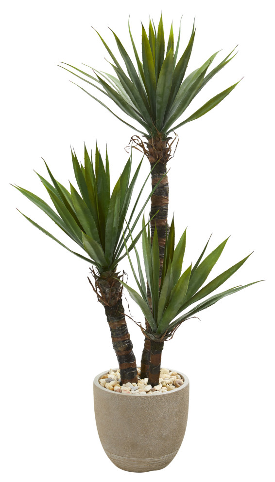 56" Yucca Artificial Tree, Sandstone Planter Modern Artificial