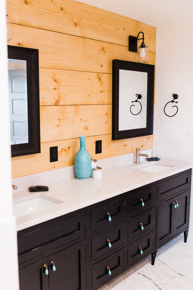 Inspiration for a large transitional master white tile and subway tile marble floor and white floor claw-foot bathtub remodel in Phoenix with shaker cabinets, black cabinets, a one-piece toilet, white walls, an undermount sink, quartzite countertops and a hinged shower door