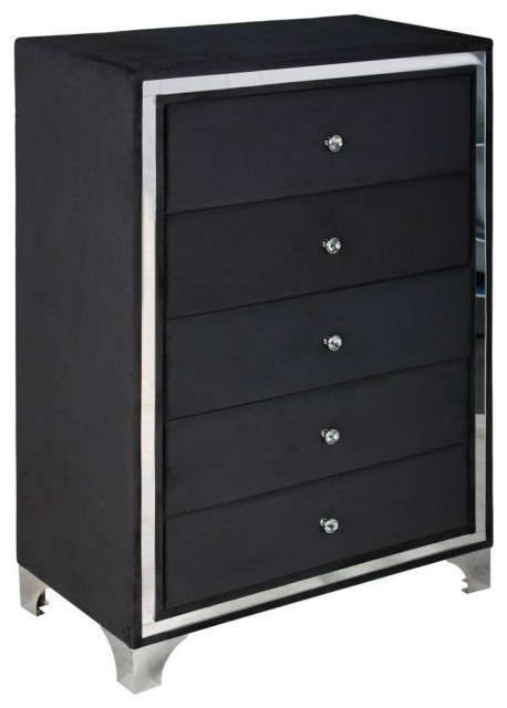 Better Home Products Monica Velvet Upholstered 5 Drawer Chest Dresser, Black