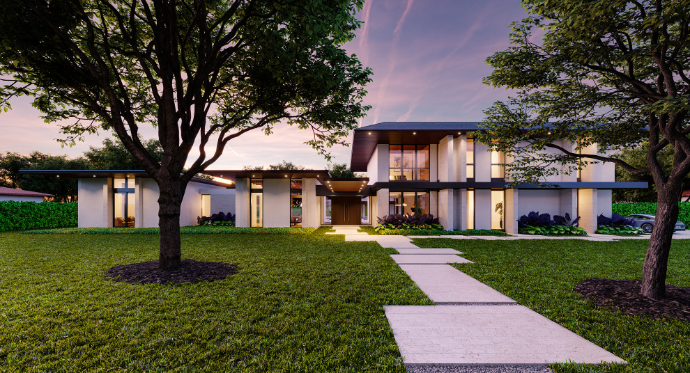 This is an example of an expansive contemporary entryway in Miami with limestone floors, a double front door, a dark wood front door, beige floor and wood.