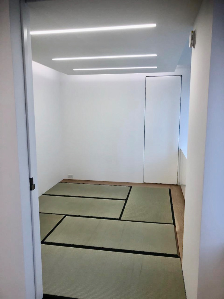 Imagen de habitación de invitados minimalista de tamaño medio con paredes blancas, suelo de madera en tonos medios, suelo verde y bandeja