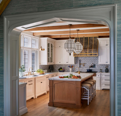 antique white kitchen cabinets with black island