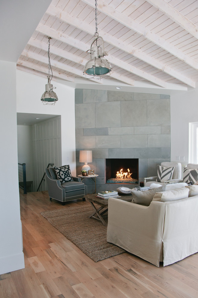 Design ideas for a mid-sized transitional formal open concept living room in Salt Lake City with white walls, light hardwood floors, a corner fireplace and a tile fireplace surround.