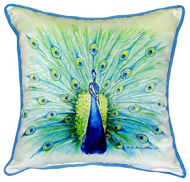 Betsy Drake Peacock Small Indoor/Outdoor Pillow 12x12, Small Tropical