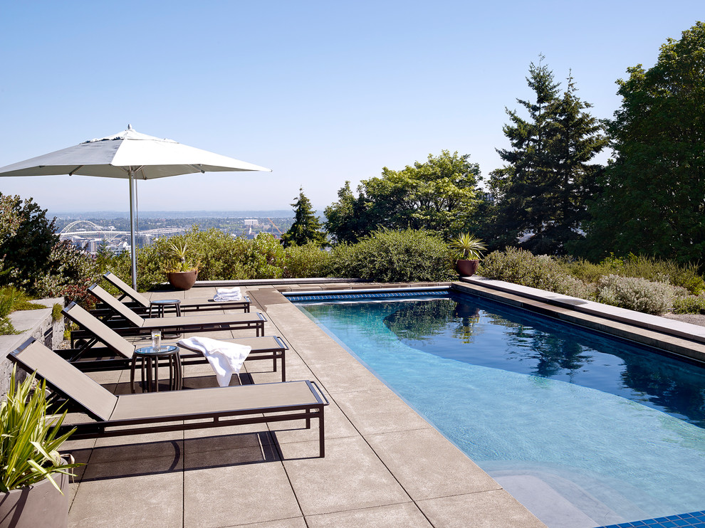 Design ideas for a contemporary rectangular pool in Portland with concrete pavers.