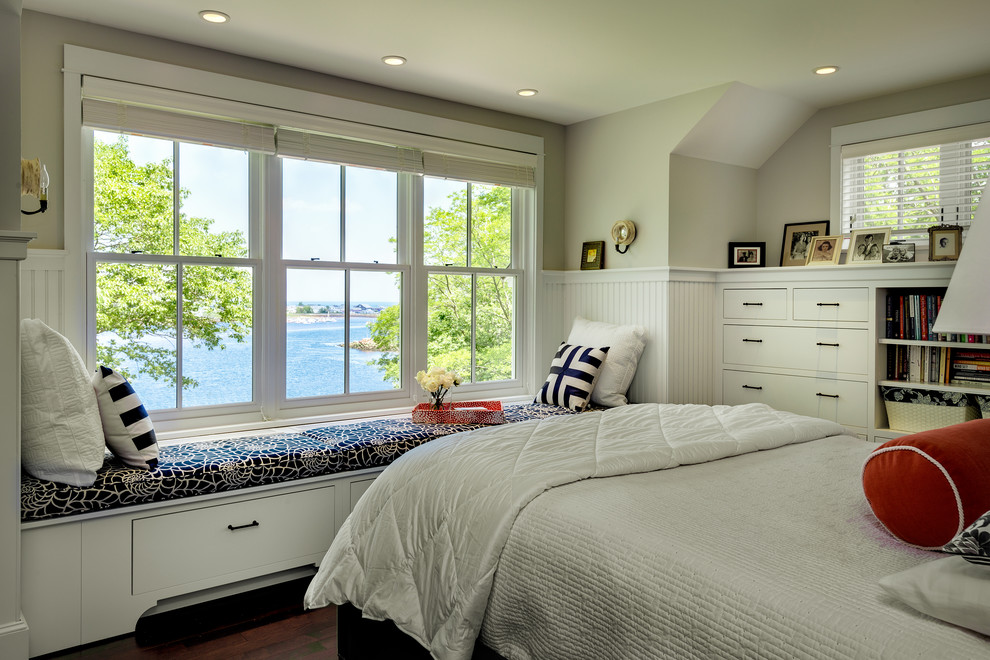 Beach style bedroom in Portland Maine with grey walls.