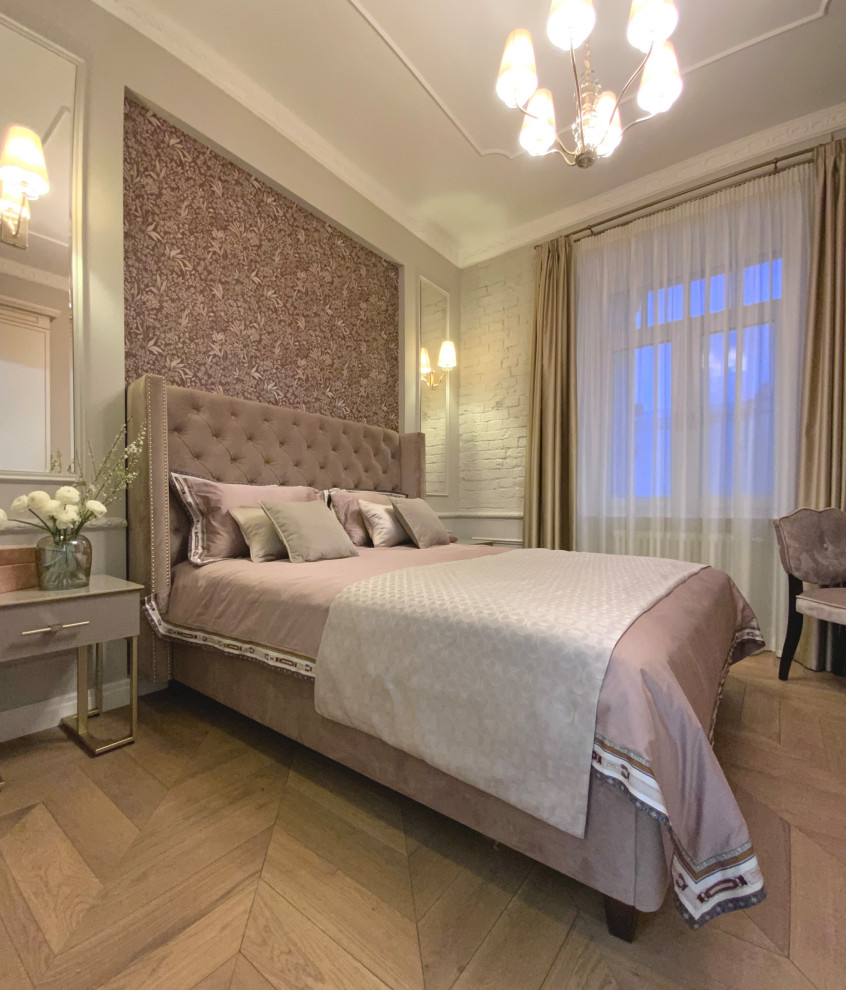 Inspiration for a small classic master bedroom in Moscow with grey walls, medium hardwood flooring, brown floors, all types of ceiling and wallpapered walls.