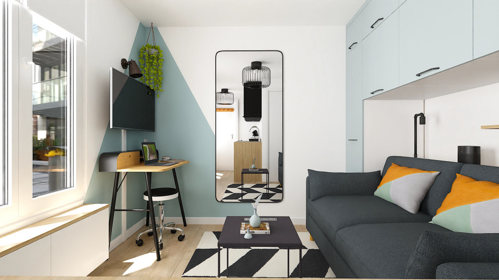 Idées déco pour un petit salon blanc et bois industriel ouvert avec un sol en vinyl, un téléviseur fixé au mur et un sol beige.