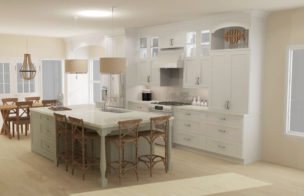 Inspiration for a mid-sized transitional single-wall light wood floor and beige floor eat-in kitchen remodel in Minneapolis with an undermount sink, recessed-panel cabinets, white cabinets, quartz countertops, gray backsplash, ceramic backsplash, stainless steel appliances and an island