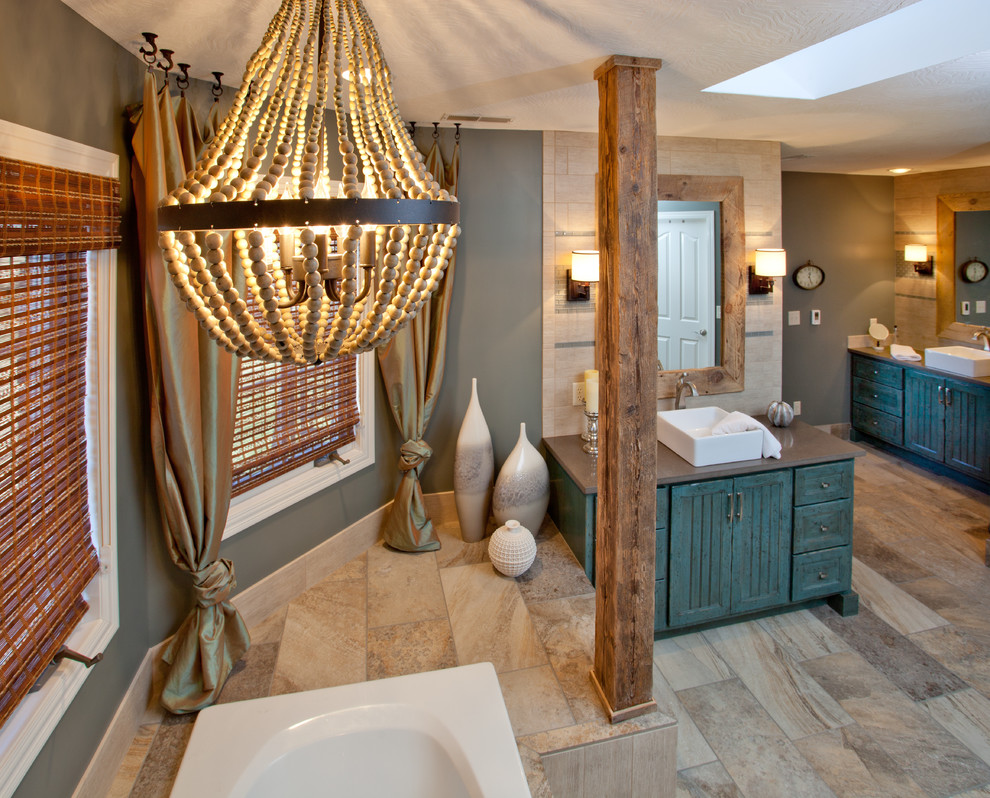 Drop-in bathtub - mid-sized rustic master porcelain tile and beige floor drop-in bathtub idea with shaker cabinets, beige walls, a vessel sink and a hinged shower door
